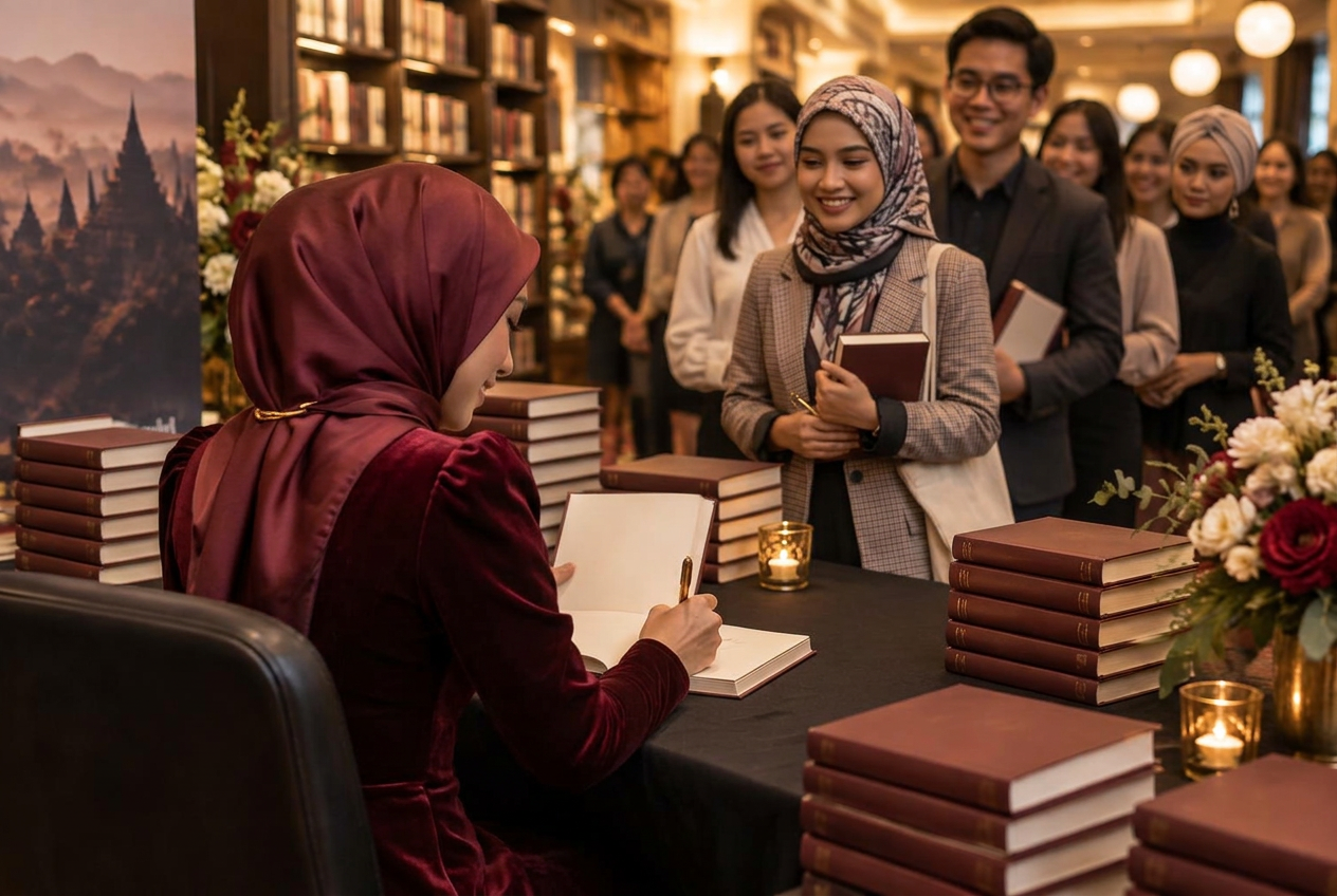 An author signing books for readers at a successful launch