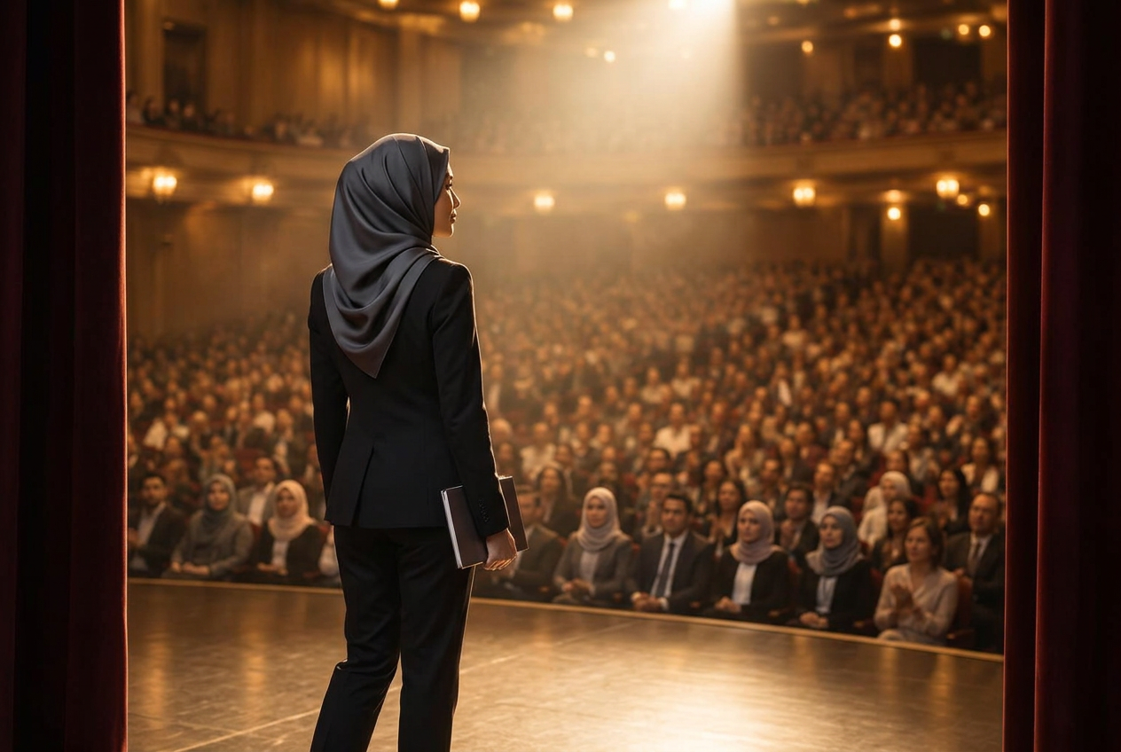 An aspiring speaker stepping into the spotlight before a full auditorium